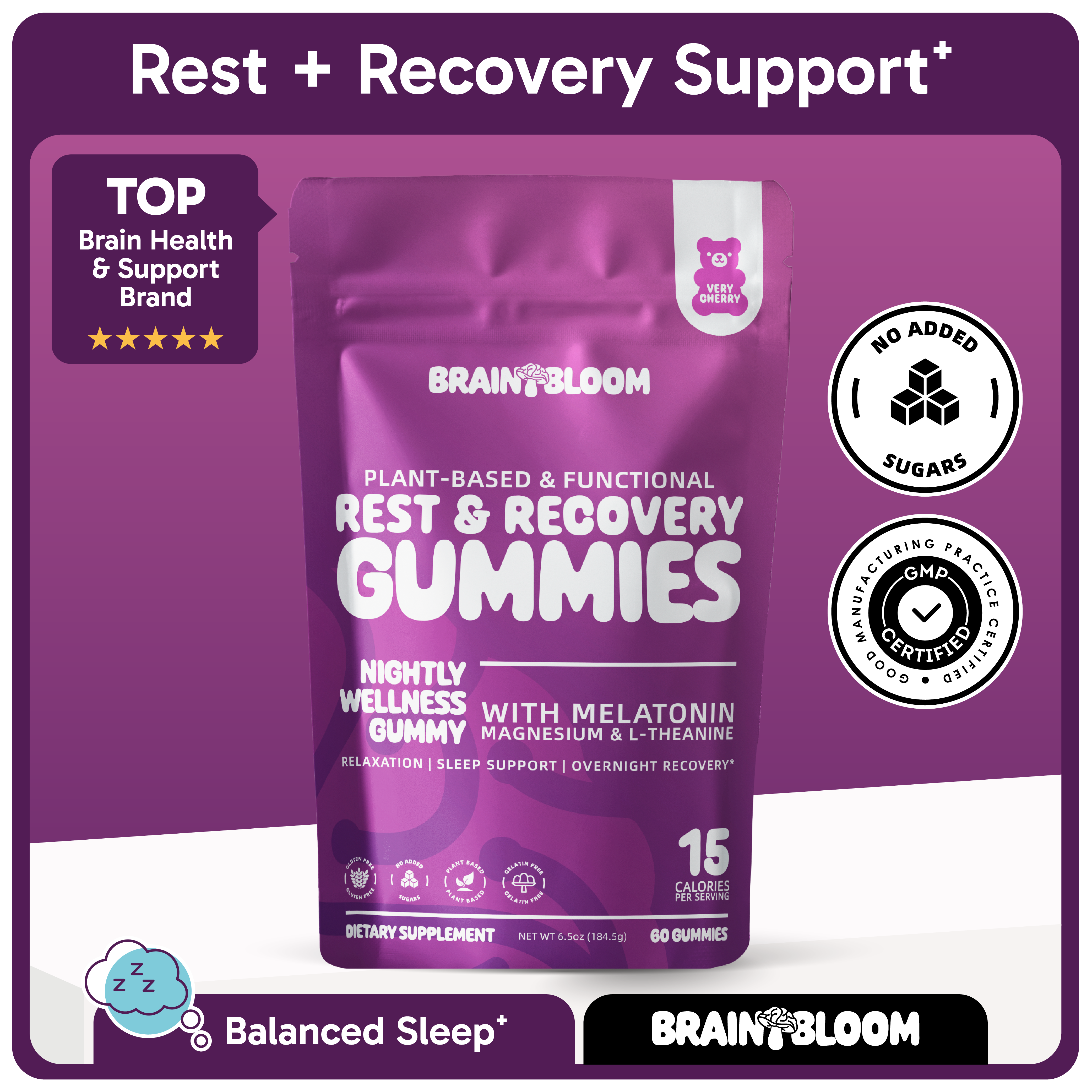 Rest & Recovery Gummies - Melatonin 6mg, Magnesium & L-Theanine for Sleep, Stress Relief & Overnight Recovery